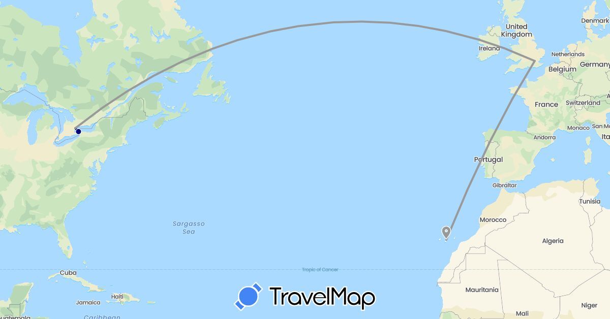 TravelMap itinerary: driving, plane in Canada, Spain, United Kingdom (Europe, North America)